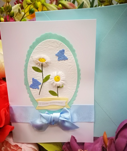 EG117-CR005-3AM Открытка ручной работы Ромашки с бантом 12см*17см